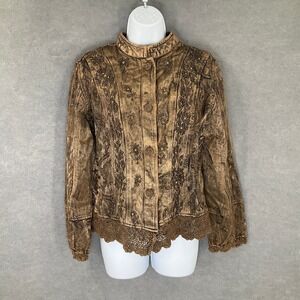 Vintage Flashback Jacket Brown Bronze Floral Embroidered Lace‎ Hem Buttons Sz L